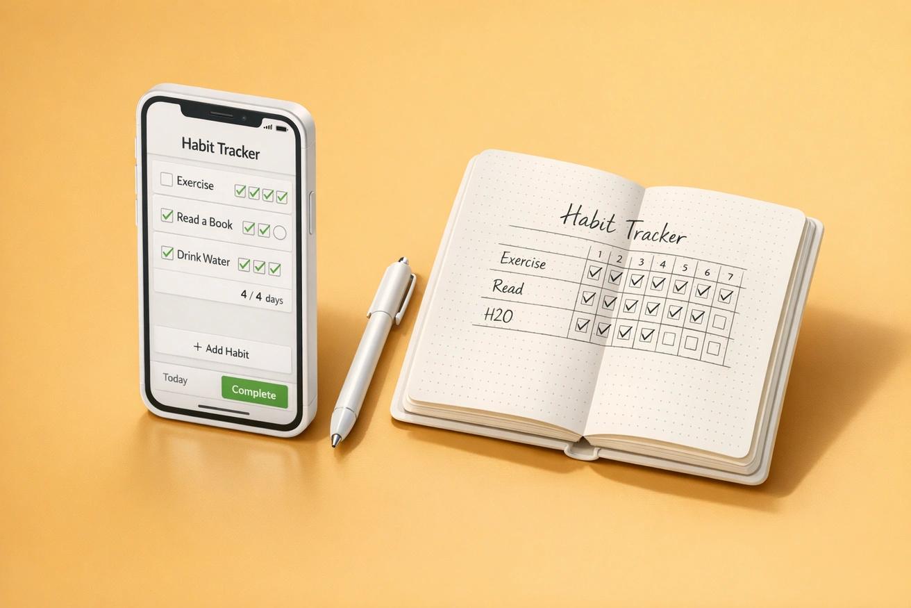 Side by side comparison of digital and paper habit tracking methods